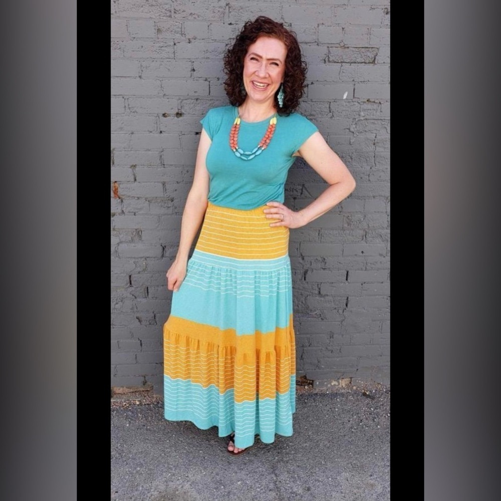 LuLaRoe Blue and Orange Poppy Pleated Maxi Skirt NWT